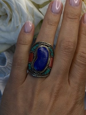 Vintage 925 Sterling Silver Lapis Lazuli Turquoise Coral Ring Size 7.5