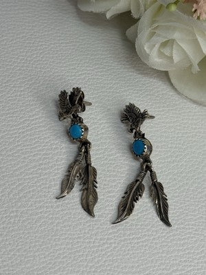 Navajo Flying Eagle 925 Sterling Silver Turquoise Earrings Length 1.60 Inch