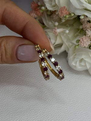925 Sterling Silver Gold Plated Ruby & Beryl Earrings Length 1.10 Inch