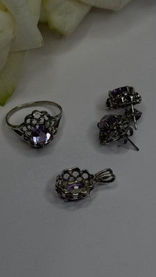 925 Sterling Silver Amethyst Set Floral Filigree Ring Pendant & Earrings