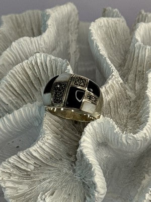 925 Sterling Silver Onyx Abalone Marcasite Ring Size 8