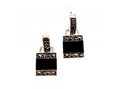 925 Sterling Silver Black Nephrite & Marcasites Earrings
