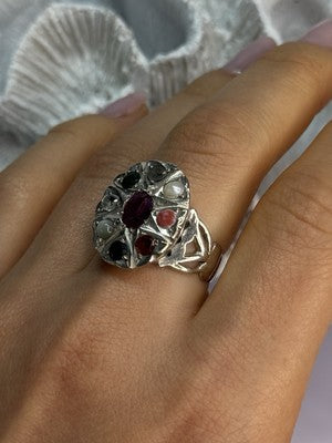 925 Sterling Silver Ruby & Multicolor Gemstones Ring Size 8