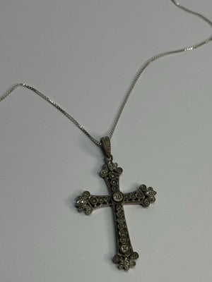 925 Sterling Silver Diamond Cross Necklace Length 30 In