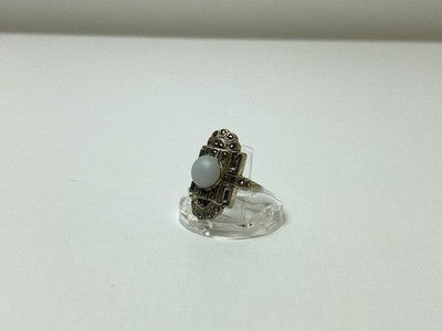 Vintage 925 Sterling Silver Agate, Goshenite & Marcasites Ring Size 5.5
