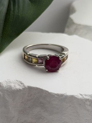 TGGC 925 Sterling Silver Ruby & Multi Color Spinel Stones Ring Size 8