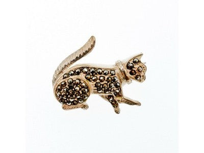 925 Sterling Silver Black Quartz (Morion) "Cat" Brooch