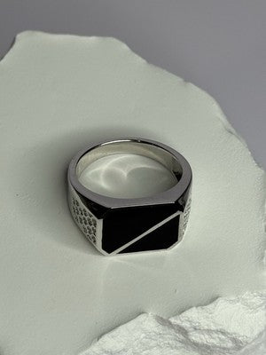 925 Sterling Silver Black Enamel & CZ Men's Ring Size 11