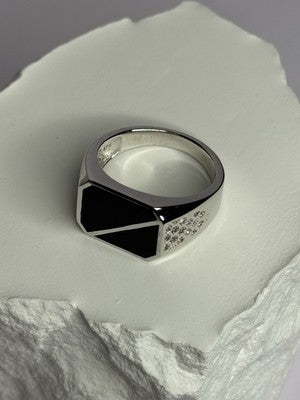 925 Sterling Silver Black Enamel & CZ Men's Ring Size 11