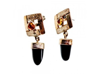 925 Sterling Silver Black Agate & Amber Earrings