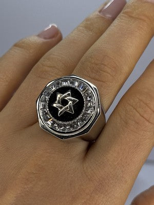 925 Sterling Silver Star of David Onyx & CZ Ring Size 9.5