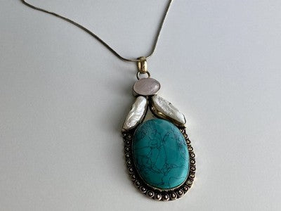 925 Sterling Silver Turquoise, Rose Quartz and Baroque Pearl Chain with Pendant