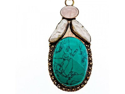 925 Sterling Silver Turquoise, Rose Quartz and Baroque Pearl Chain with Pendant