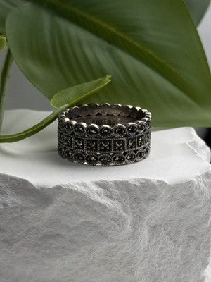 Vintage Art Deco Style 925 Sterling Silver Marcasite Band Ring Size 9