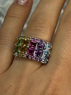 925 Sterling Silver Multicolor Stones Ring Size 7