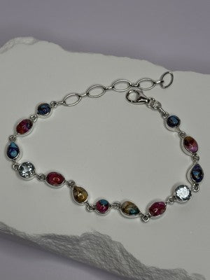 925 Sterling Silver Oyster Turquoise & Topaz Bracelet Length 6-8 Inch