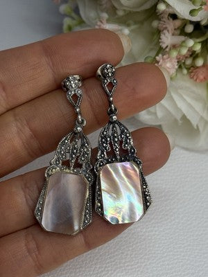 Vintage 925 Sterling Silver Abalone Earrings Length 2 Inch