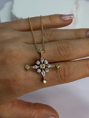 18K 750 YELLOW GOLD YELLOW & WHITE DIAMONDS 6.26 CT CROSSNECKLACE LENGTH 18 INCH