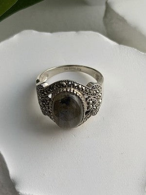925 Sterling Silver Labradorite & Marcasite Ring Size 10