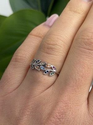 925 Sterling Silver Leaves Multi Color Spinel Ring Size 7