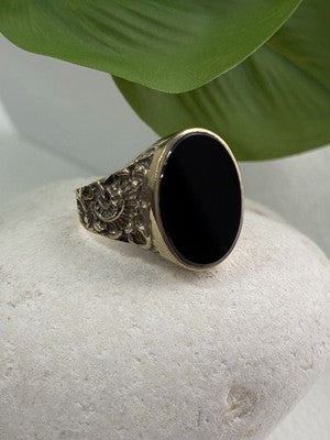 Men's 925 Sterling Silver Gold Plated Black Onyx Ring Size 9