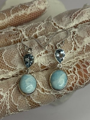 925 Sterling Silver Larimar & Topaz Earrings Length 1.7 Inch