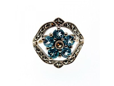 925 Sterling Silver Blue Topaz & Marcasites Ring Size 8