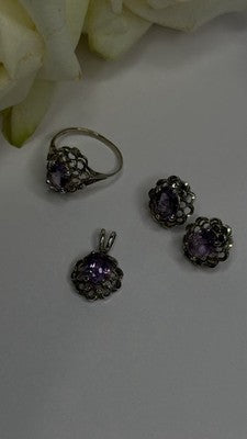 925 Sterling Silver Amethyst Set Floral Filigree Ring Pendant & Earrings