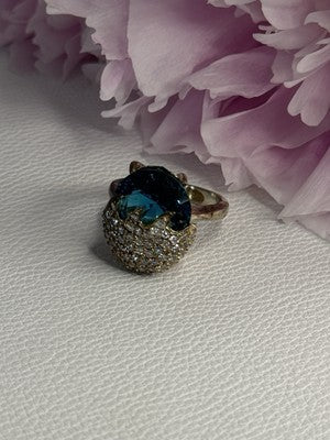 925 Sterling Silver Blue Crystal & CZ Ring Size 8