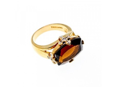 925 Sterling Silver Gold Plated Hessonite & Diamonds Ring Size 5.5