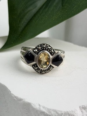 925 Sterling Silver Citrine & Onyx & Marcasite Ring Size 7