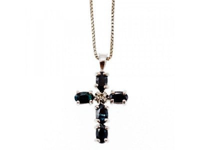 925 Sterling Silver Blue Spinel & Diamond Chain with Cross Italy