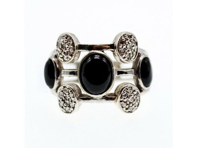 925 Sterling Silver Onyx and Goshenite Ring Size 7.5