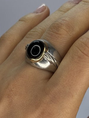 925 Sterling Silver & 14K Gold Bezel  Agate Ring Size 9.5