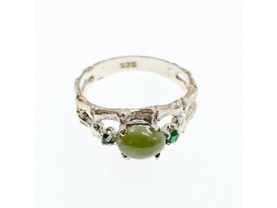 925 Sterling Silver Nephrite ( Jade ) & Emeralds Ring Size 8