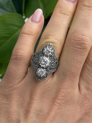 Vintage 925 Sterling Silver Cz & Marcasite Ring Size 6