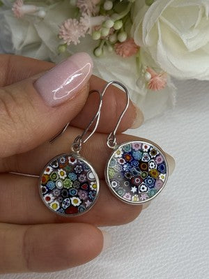 Murano Venice Millefiori 925 Sterling Silver Earrings Length 1.60 Inch
