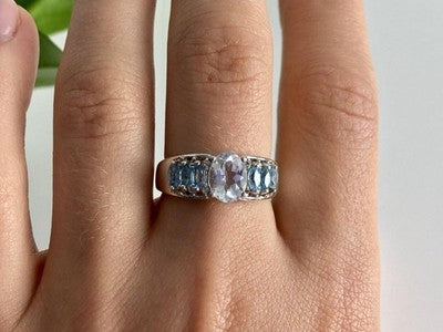 925 Sterling Silver Aquamarines Ring Size 8