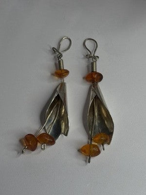 Vintage Unique Design Dangle 925 Sterling Silver Amber Earrings