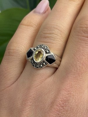 925 Sterling Silver Citrine & Onyx & Marcasite Ring Size 7