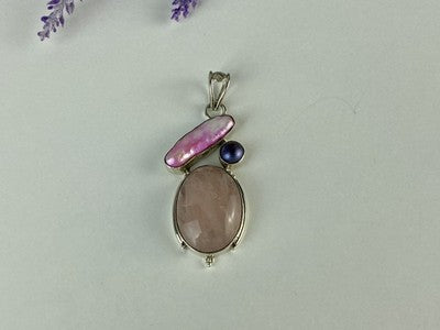 925 Sterling Silver Morganite, Haliotis & Pearl Pendant