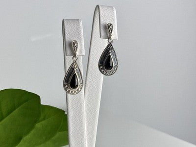 Vintage 925 Sterling Silver Onyx Stud Earrings