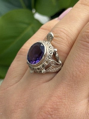 925 Sterling Silver Turtle Amethyst & Marcasite Ring Size 6