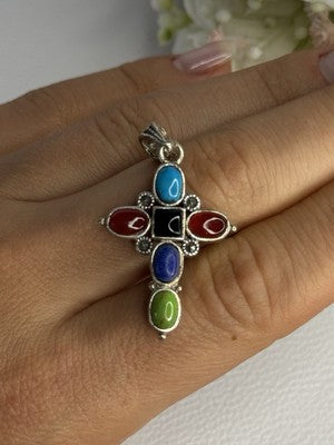 925 Sterling Silver Onyx Turquoise Agate Cross Length 1.60 Inch