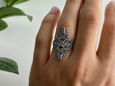 925 Sterling Silver Marcasites Ring Size 6.5