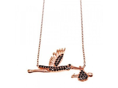 925 Sterling Silver Gold Plated Black Jade "Stork" Necklace Turkey