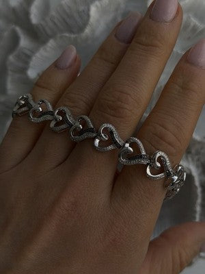 925 Sterling Silver Black & White Diamonds Heart Bracelet 7.5