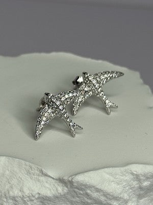 925 Sterling Silver Swallow Stud Earrings CZ Length 0.55 Inch