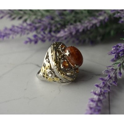 925 Sterling Silver Gold Plated Amber & Spessartine Ring Size 6.5