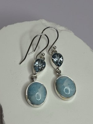 925 Sterling Silver Larimar & Topaz Earrings Length 1.7 Inch